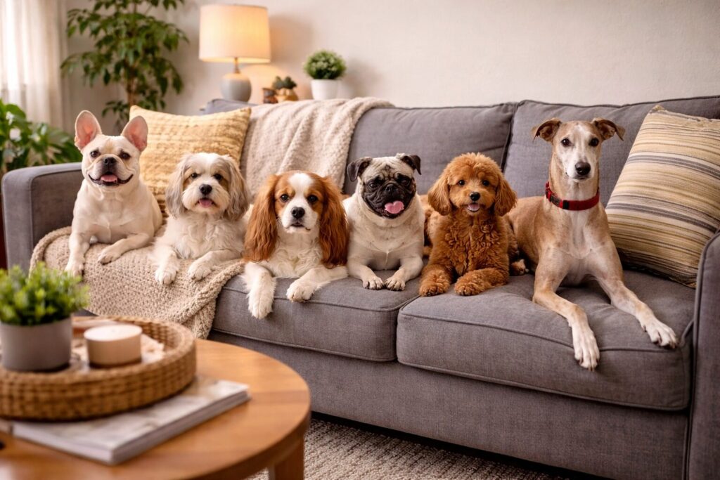 Lakáskutyát keresel? Ezekkel a fajtákkal lehet a legnyugodtabb az együttélés 16 Hat kutya a nappali kanapen